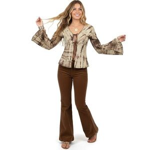 BEBE Y2K Leather Tie-Front Bell Sleeve Tie-Dye Hippie Boho Top Size Small